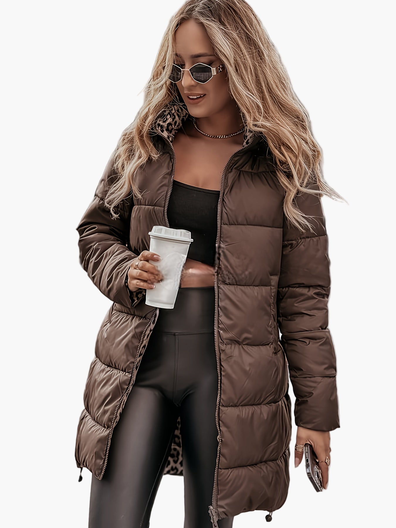 Manteau d'hiver mi-long pour femme style urbain réversible à motif léopard et uni, look tendance