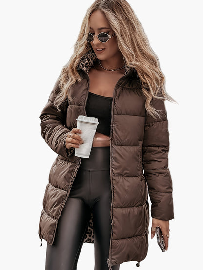 Manteau d'hiver mi-long pour femme style urbain réversible à motif léopard et uni, look tendance