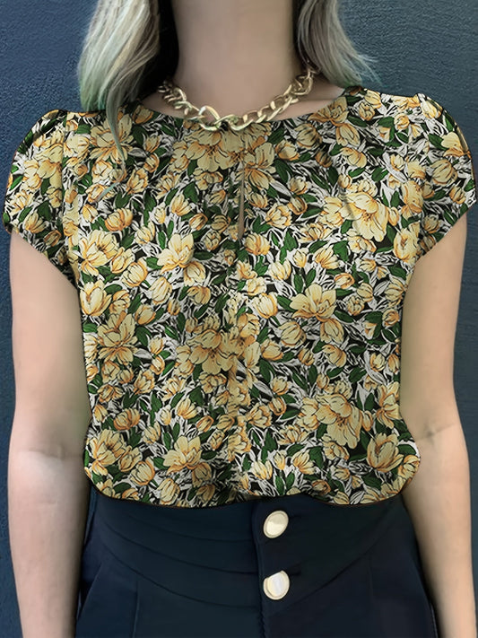 Blusa donna elegante a maniche corte stile floreale chic per uso quotidiano o ufficio