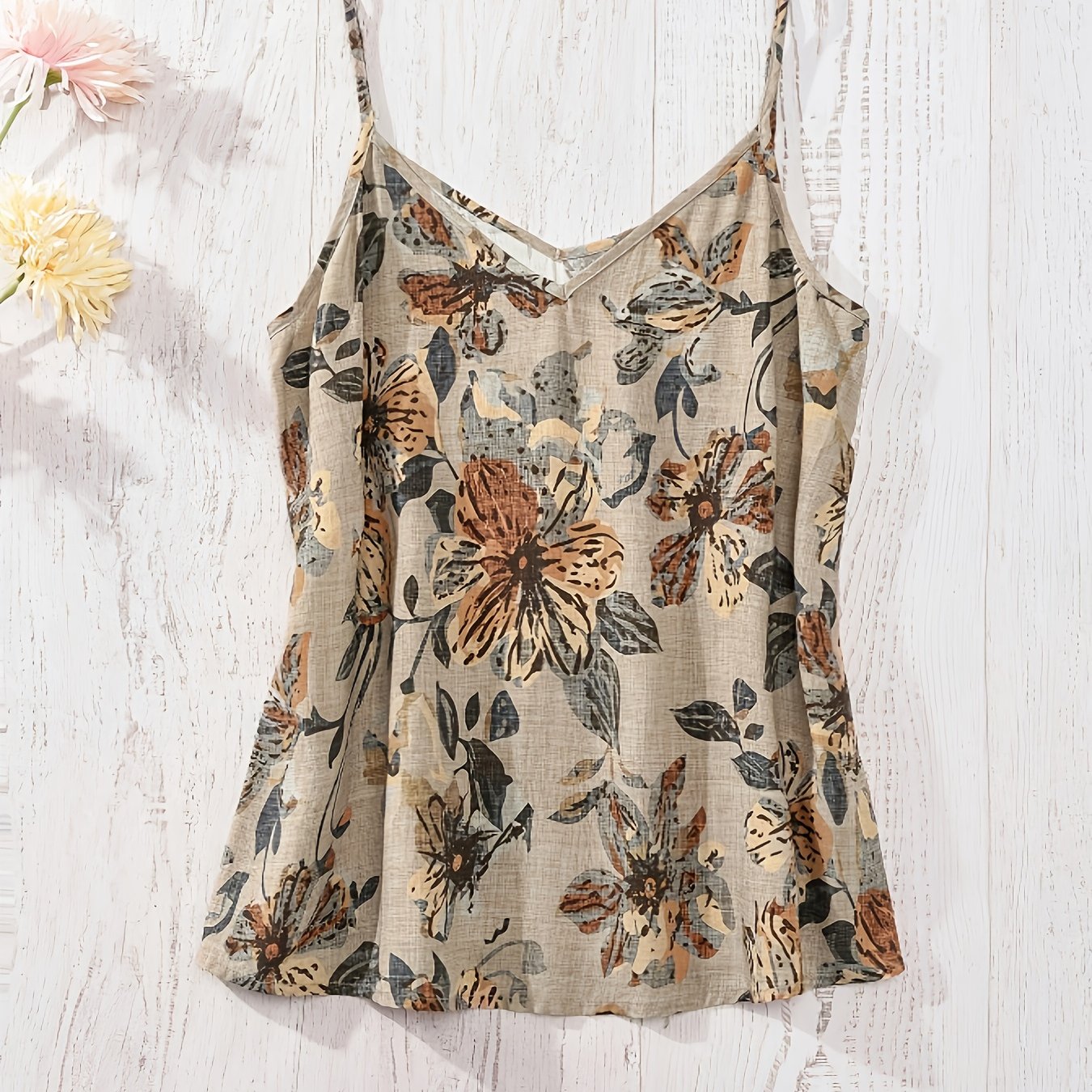 Women's Bohemian Style Tank Top with Thin Straps and Floral Pattern for Summer