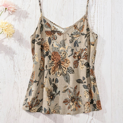Women's Bohemian Style Tank Top with Thin Straps and Floral Pattern for Summer