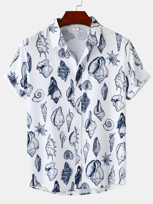 Men's vacation shirt with short sleeves and seashell pattern, seaside style