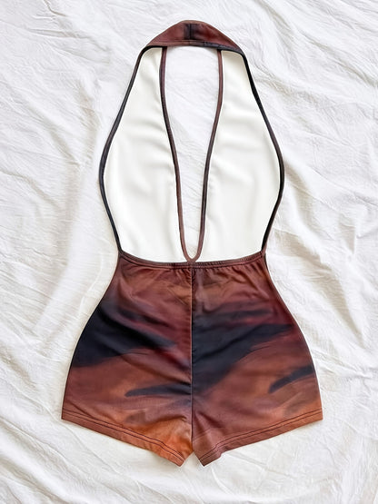 Tuta corta intera donna stile animalier, scollatura profonda, tendenza estate, ideale per spiaggia e vacanze
