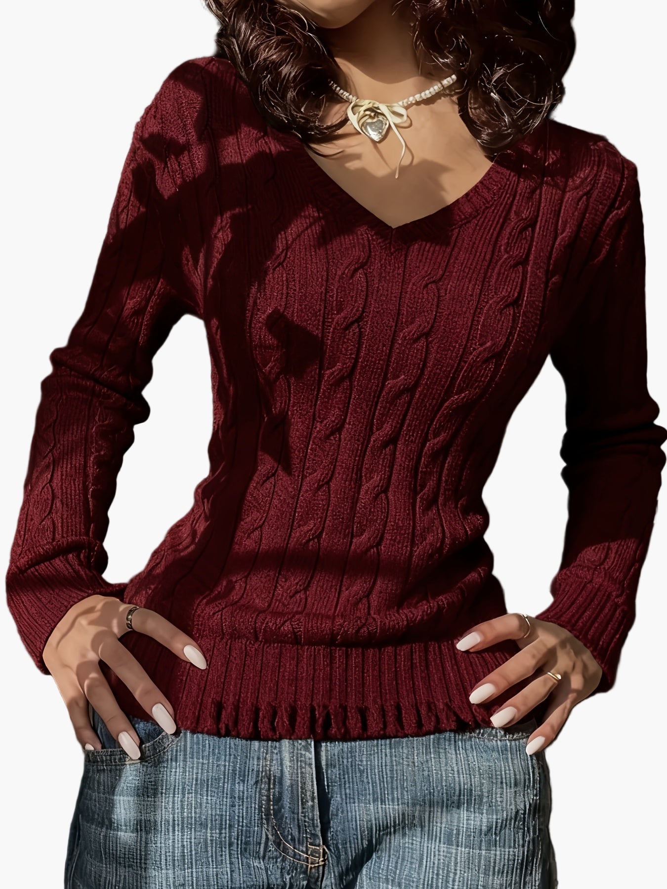 Pull Femme Style Casual à Col V et Motif Câble - Élégance Quotidienne