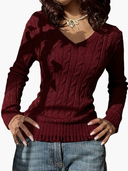 Pull Femme Style Casual à Col V et Motif Câble - Élégance Quotidienne