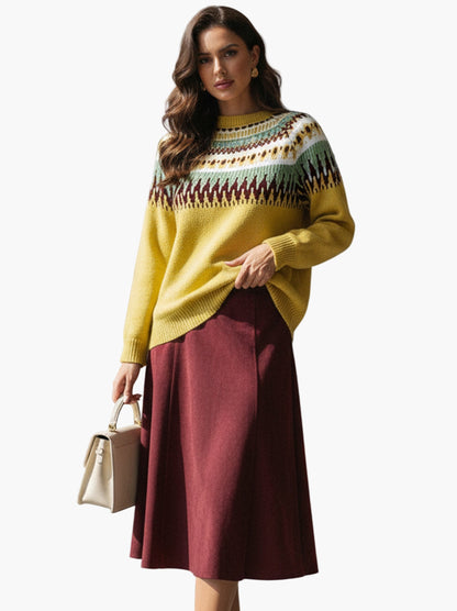 Pull Femme Style Nordic Chic Manches Longues Motif Géométrique pour Automne et Printemps