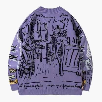 Cardigan décontracté homme style artistique avec motif portrait et paysage