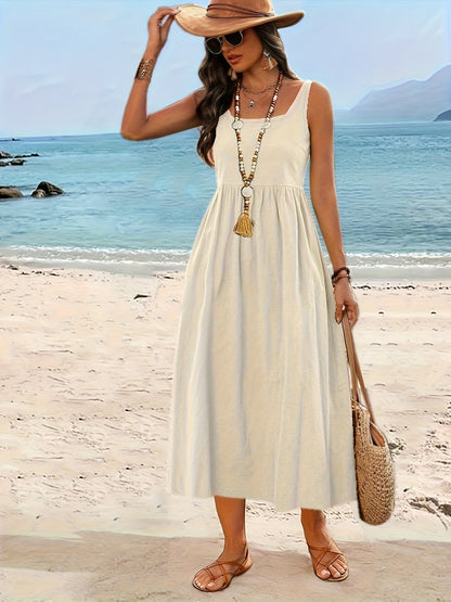 Robe Femme Midi Style Bohème Col Carré Sans Manches pour Vacances
