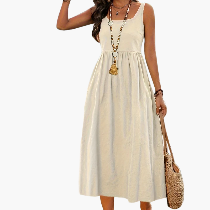 Robe Femme Midi Style Bohème Col Carré Sans Manches pour Vacances