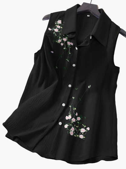 Ærmeløs damebluse i elegant stil med blomsterbroderi - Til daglig brug eller kontor