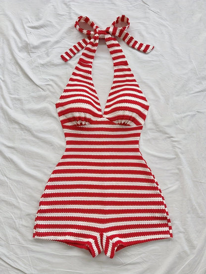 Combinaison Short Femme à Rayures Style Rétro Col Halter Été Plage