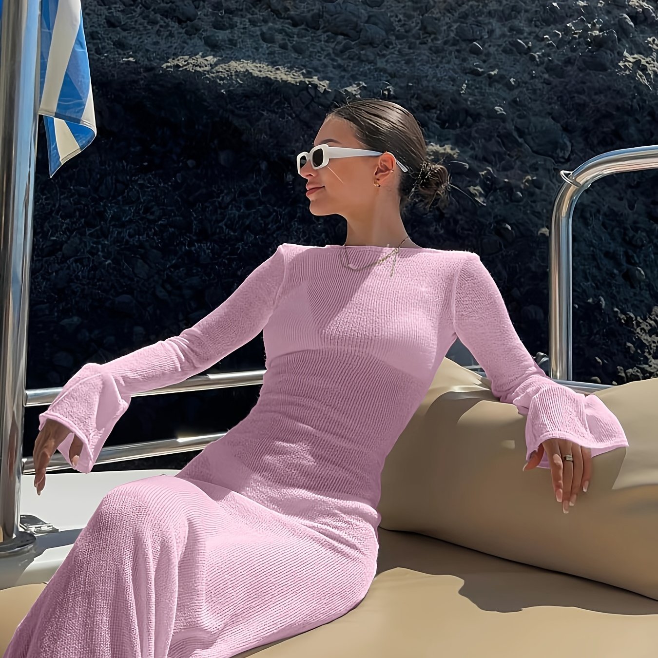 Abito lungo da spiaggia elegante a maniche lunghe per donna – Stile chic per vacanze e yacht