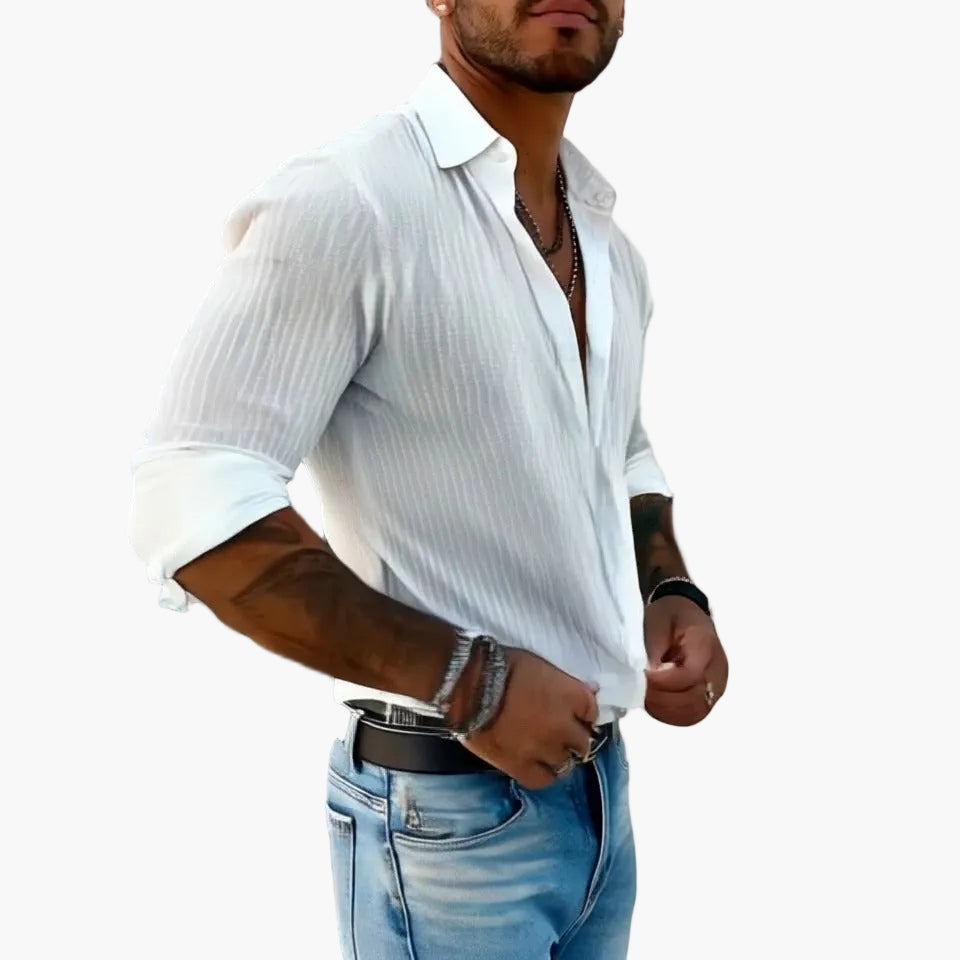 Camicia Uomo Elegante a Righe Stile Informale Raffinato – Maniche Lunghe e Colletto a Risvolto