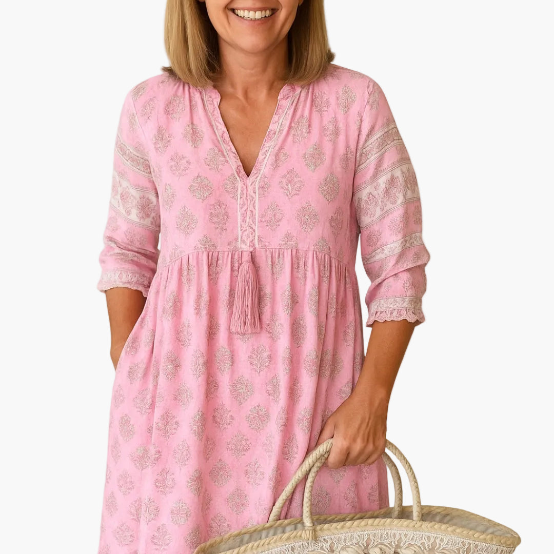 Vestito a mezza lunghezza bohémien da donna, stile informale con stampa e tasche