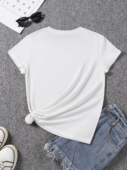 Women's casual style T-shirt with sunflower and butterfly pattern, trendy print for spring-summer