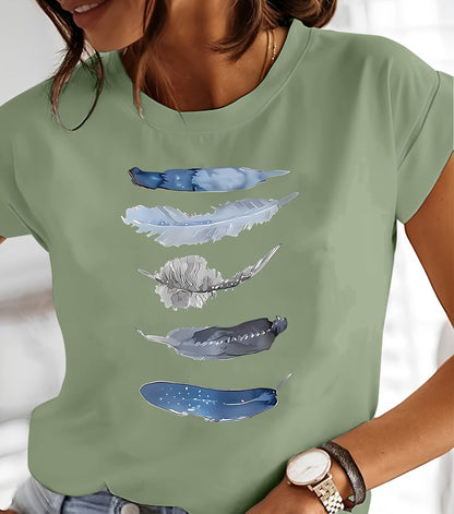 Dames T-shirt Casual Stijl met Artistiek Veerpatroon – Ideaal voor Lente en Zomer