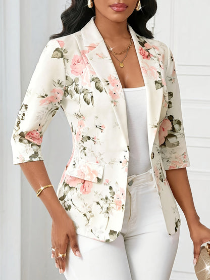 Elegant dameblazer med blomsterprint, forårs- og efterårsstil, trekvartærmer, ideel til kontor og udflugter