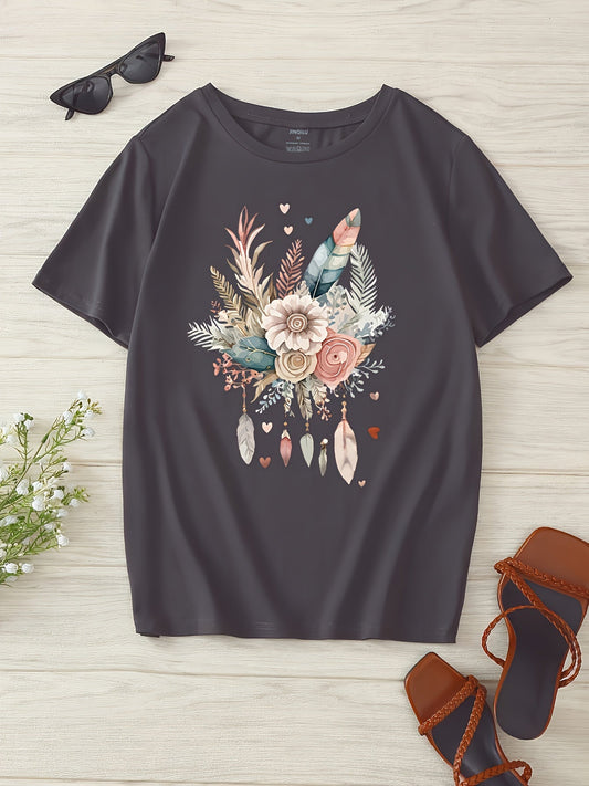 T-shirt Femme Style Bohème Motif Fleurs et Plumes, Décontracté Été