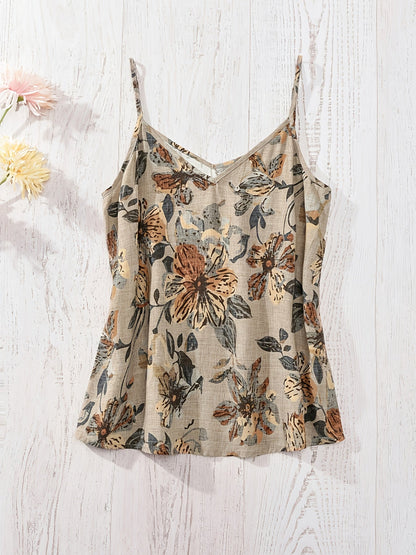 Women's Bohemian Style Tank Top with Thin Straps and Floral Pattern for Summer