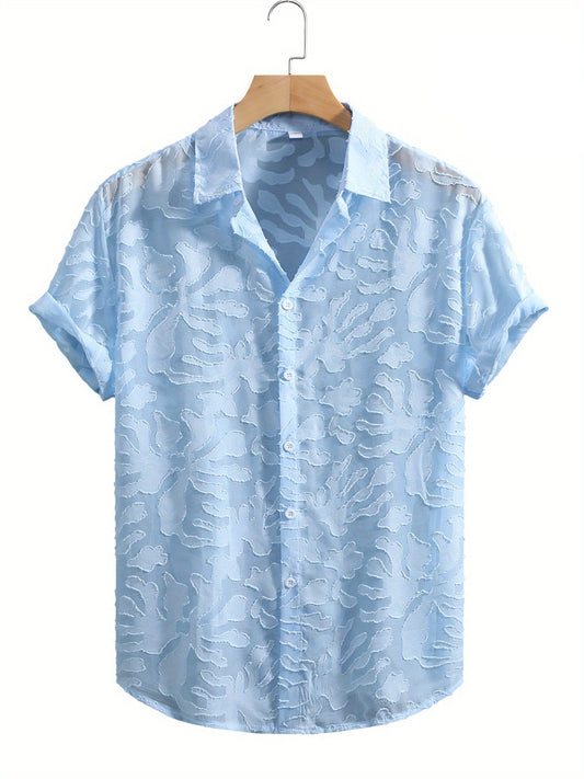 Men's resort shirt with short sleeves and embossed floral pattern, elegant summer style