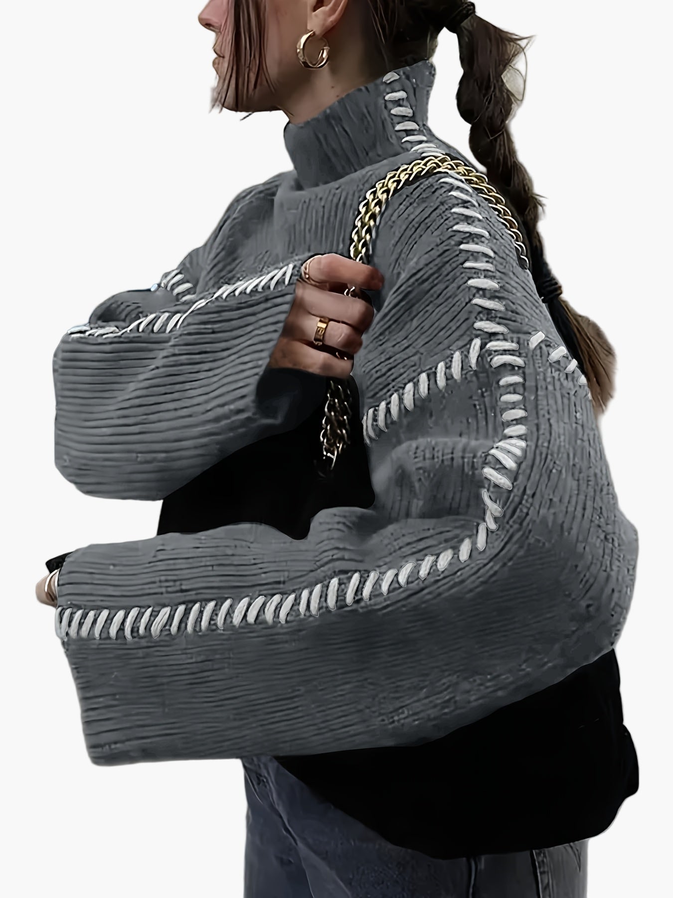 Pull femme style décontracté col montant manches larges détails couture tendance automne hiver