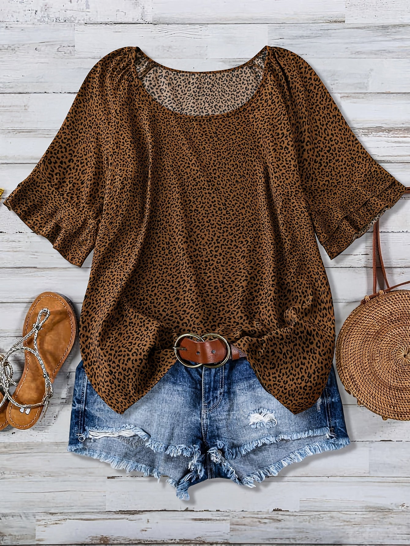 Blouse décontractée à imprimé léopard pour femme, style vacances, manches courtes avec volant
