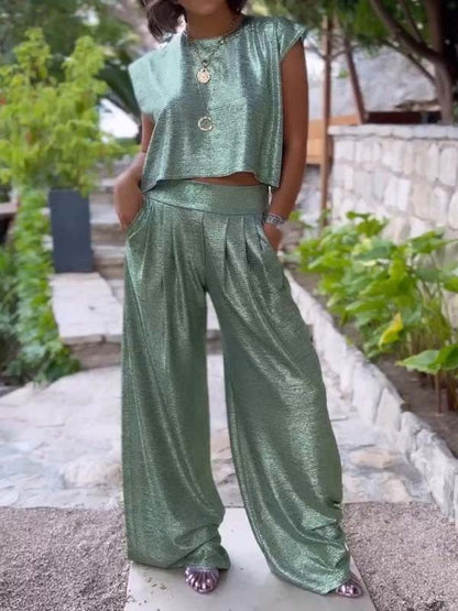 Christine – Ensemble de Pantalons à Jambe Large et Gilet Brillant