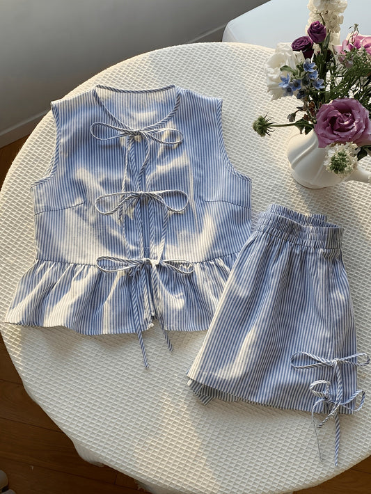Women's casual striped coordinated set with sleeveless ruffle top and high-waisted shorts