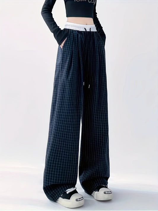 Pantaloni larghi casual da donna stile urbano a quadri