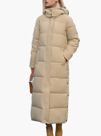 Manteau long matelassé à capuche pour femme, style élégant hiver, usage urbain et décontracté