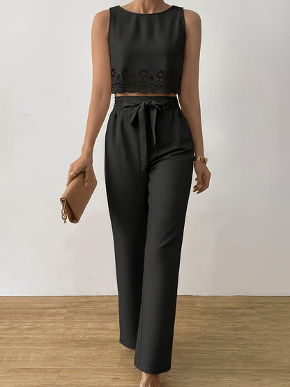 Tweedelig damesensemble elegante stijl met uitgesneden crop top en wijde hoge taille broek voor lente/zomer