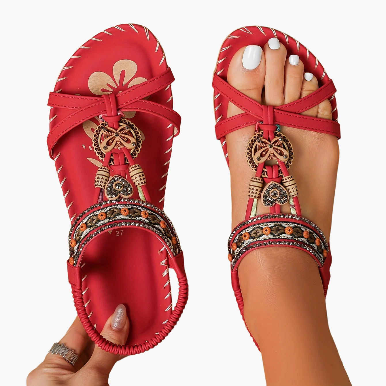 Women's Bohemian Slip-On Sandals with Ornaments and Ankle Strap - Casual Chic Style