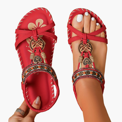 Women's Bohemian Slip-On Sandals with Ornaments and Ankle Strap - Casual Chic Style