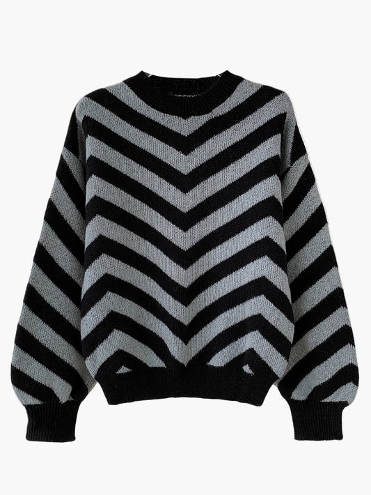 Pull élégant à rayures chevrons pour femme, style automne/hiver, manches longues, coupe décontractée