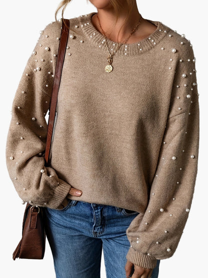 Pull femme élégant à perles style décontracté manches longues