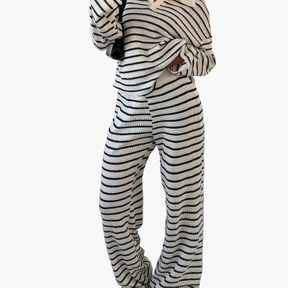Ensemble Femme Élégant Pull Loose à Rayures et Pantalon Large Style Décontracté Automne-Hiver