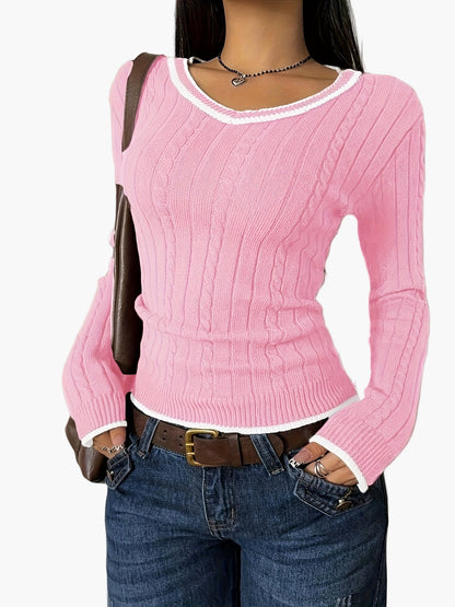 Pull femme col V à effet côtelé style casual chic