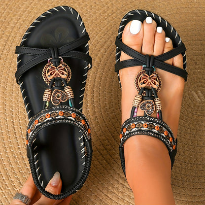 Women's Bohemian Slip-On Sandals with Ornaments and Ankle Strap - Casual Chic Style