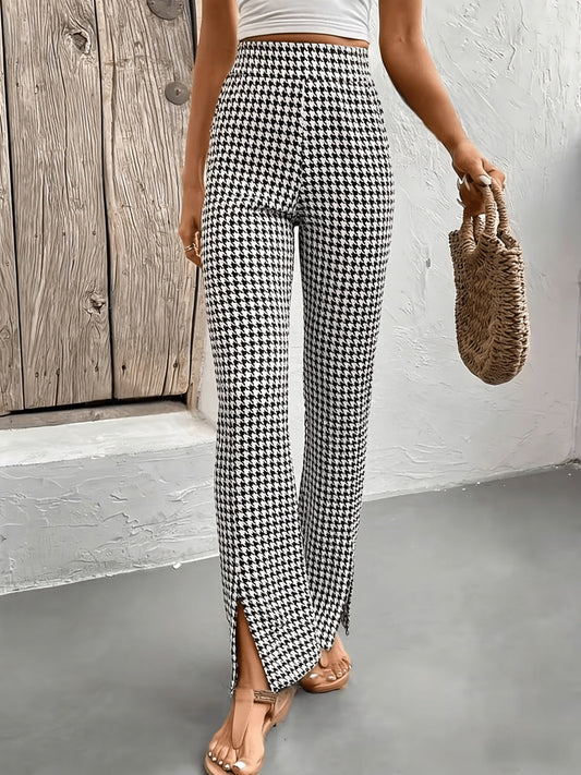 Women's houndstooth plaid flare pants, elegant style for outings