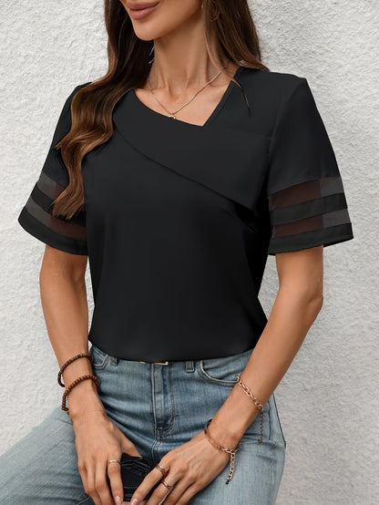 Blouse Femme Élégante à Motifs Fleurs Rétro Col Asymétrique Manches Courtes - Style Décontracté Chic