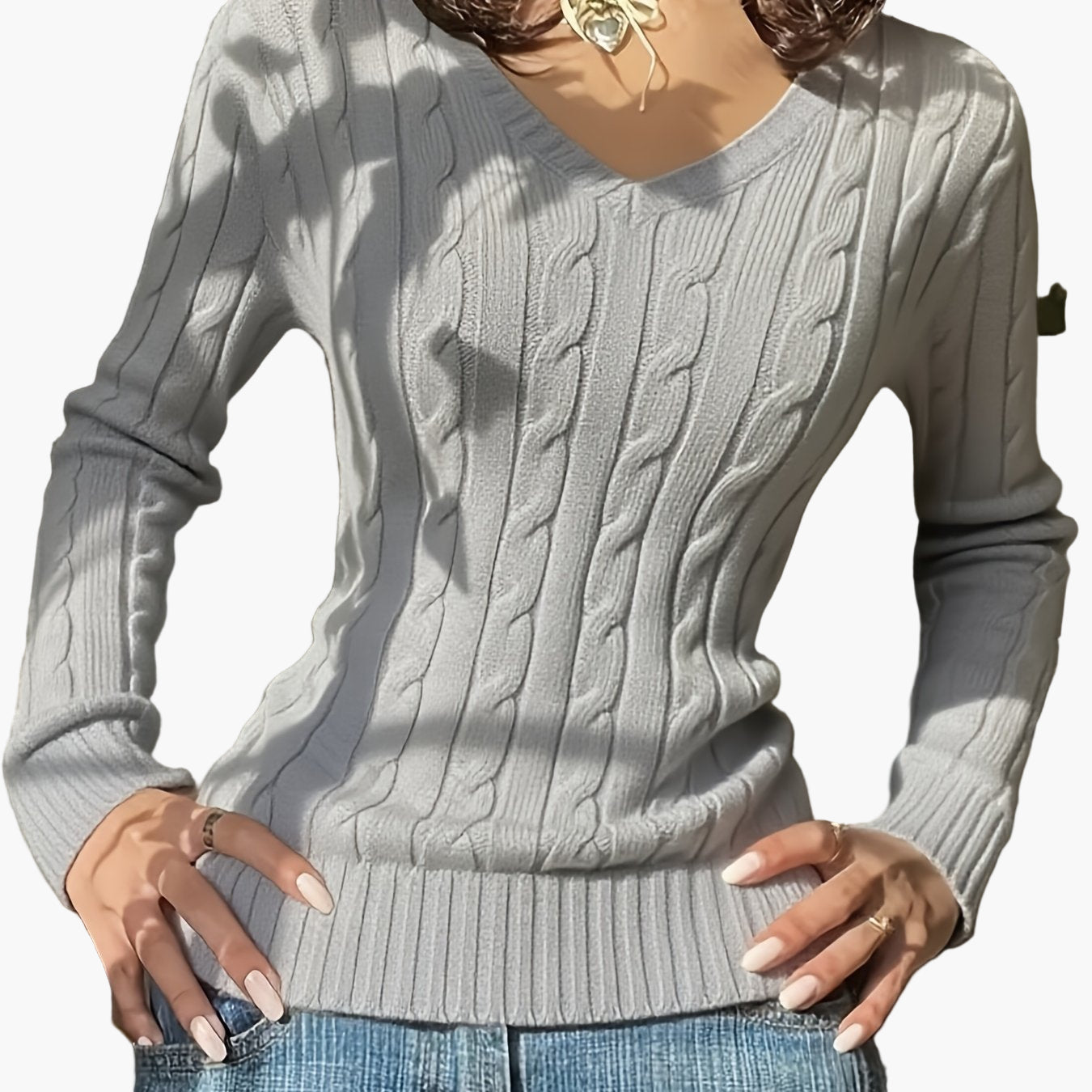 Pull Femme Style Casual à Col V et Motif Câble - Élégance Quotidienne
