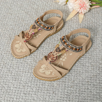 Women's Bohemian Slip-On Sandals with Ornaments and Ankle Strap - Casual Chic Style