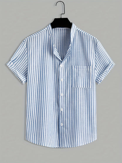 Camisa casual de manga corta para hombre, estilo veraniego a rayas, cuello alto, ideal para el verano
