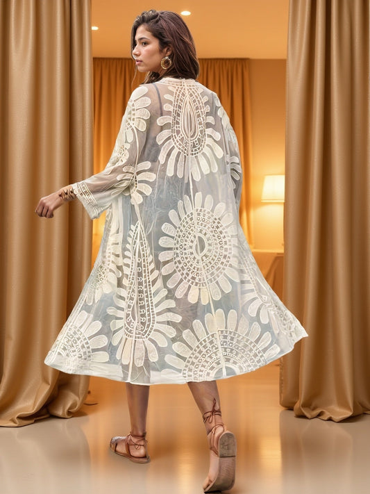 Długie kimono boho dla kobiet – elegancki, haftowany styl plażowy, idealne na wakacje