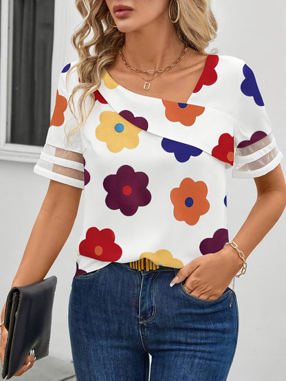 Blouse Femme Élégante à Motifs Fleurs Rétro Col Asymétrique Manches Courtes - Style Décontracté Chic