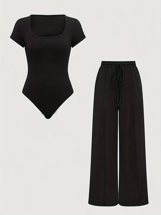 Women's Set Square Neck Bodysuit and Wide-Leg High-Waist Pants Casual Style Spring Summer
