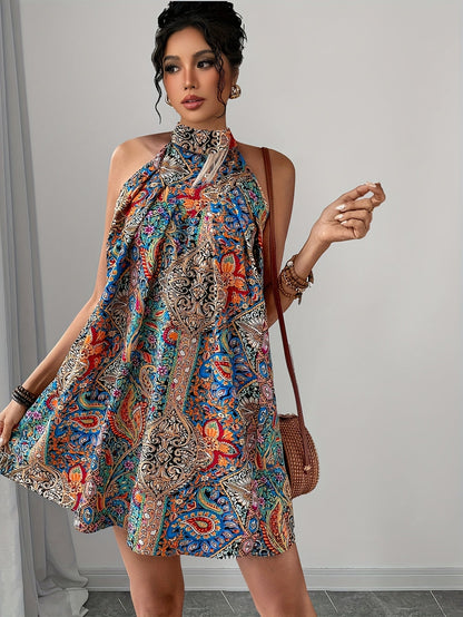 Elegant trapeze dress with artistic print for women, casual summer style