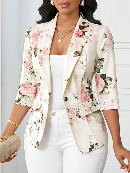 Elegant dameblazer med blomsterprint, forårs- og efterårsstil, trekvartærmer, ideel til kontor og udflugter