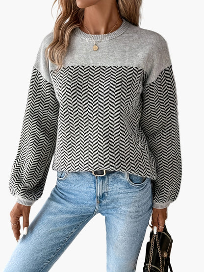 Pull femme décontracté à motif chevrons manches longues coupe régulière pour automne hiver