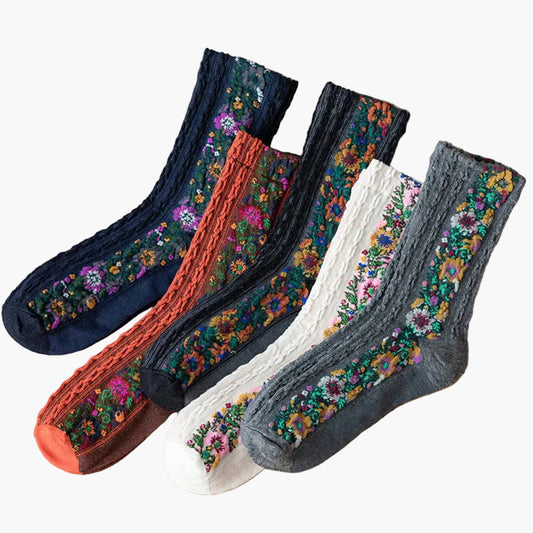 Chaussettes Femme Style Vintage à Motifs Floraux Brodés, Élégantes et Confortables pour le Quotidien